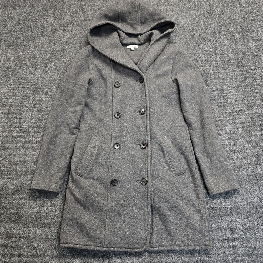 James Perse Double Breasted Hooded Coat Womens Sz 2 Grey Jacket Heavy Cotton